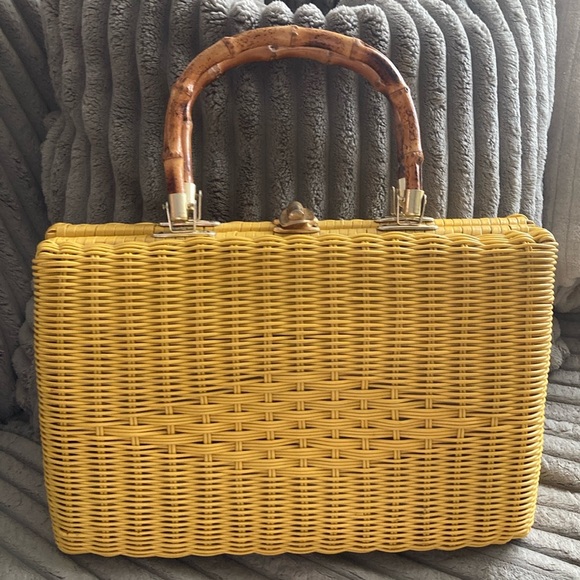 Marchioness Handbags - Marchioness Macy Yellow Wicker Straw Bamboo Box Purse Handbag Vintage 1950s 🌞